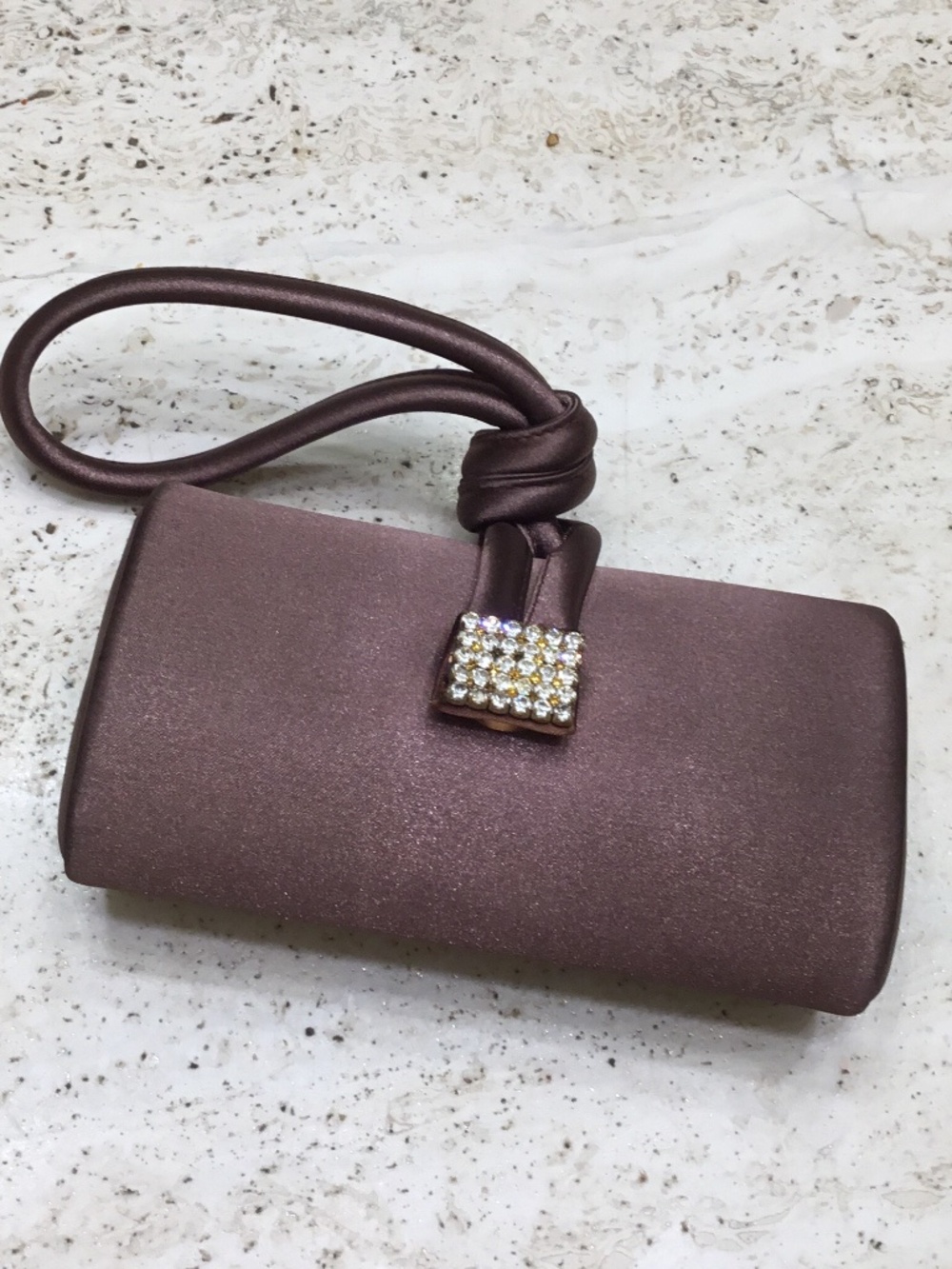 Bronze Satin Evening Clutch With Distinctive Knot Handle & Sparkling Clasp